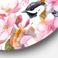 עיצוב 'ציפורי כוס תה ופרחים ורודים' אמנות קיר מתכת מעגל מסורתי - דיסק של 23