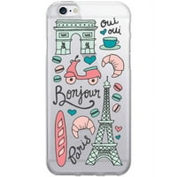 אמן מדפיס מארז טלפון ברור עבור Apple iPhone 6 6S, Bonjour Paris, Pink Mint