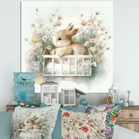 עיצוב ארנב תינוקות בעריסה עם פרחים אני אמנות קיר בד