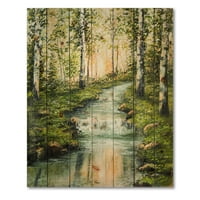 עיצוב נהר 'דרך יער ליבנה ירוק' הדפס בית האגם על עץ אורן טבעי