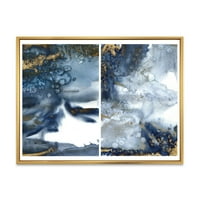 עיצוב אמנות 'זהב וכחול כהה מופשט גלים הרביעי' מודרני ממוסגר בד קיר אמנות הדפסה
