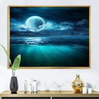 עיצוב אמנות 'רומנטי ירח ועננים מעל עמוק כחול ים השני' ימי & החוף ממוסגר בד קיר אמנות הדפסה