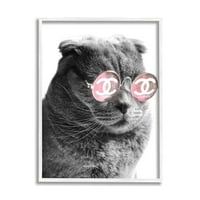 סטופל תעשיות טרנדי חתול לובש גלאם אופנה ורוד משקפי שמש גרפי אמנות לבן ממוסגר אמנות הדפסת קיר אמנות, עיצוב