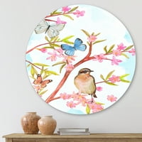 עיצוב 'ציפור חכמה יושבת על ענף של עץ קפיץ עם פרפרים' אמנות קיר מתכת מסורתית - דיסק של 23