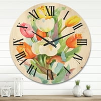 שעון קיר עץ מסורתי 'עיצוב' צבעונים כתומים ולבנים פרחים '