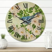 עיצוב 'ציפור כחולה קטנה שיושבת על ענף של צמח ורד לבן' שעון קיר עץ מסורתי