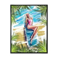 עיצוב 'דיוקן דיוקן, דוגמנית בלונדינית יפה על החוף שיזוף' ימי וחוף ממוסגר קיר אמנות הדפס
