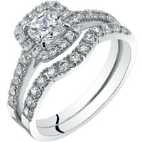 טבעת אירוסין בגזרת כרית מזהב לבן 14 קראט וסט כלה נישואים גדלים 4-10