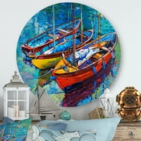 עיצוב 'שלוש סירות צבעוניות בנמל' מעגל ימי וחוף אמנות קיר מתכת - דיסק של 23