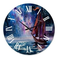 עיצוב 'סירת מפרש עץ עם מפרשים אדומים ושמי לילה בהירים' שעון קיר ימי וחוף