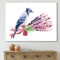 Blue Jay Bird על זר פרחים ורודים ציור הדפס אמנות בד